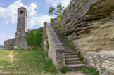 <center>Montségur sur Lauzon</center>Le clocher en dôme, surélevé en 1668, introduit une touche orientale rappelant le style mauresque. A droite, un puits taillé dans le rocher avec des entailles à intervalles réguliers (puits citerne ou puits perdu ?).
