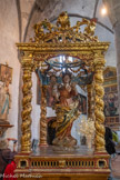 <center>L'église Saint-Martin. </center>Statue de la Vierge à l'Enfant dite Notre-Dame du Rosaire sous son dais de procession. Bois sculpté, chairs et chevelures peintes, pagne doré. 4 angelots 