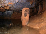 <center>Stalagmite du Cheval17</center>Protomé de cheval (CHV017) représenté sur une stalagmite. Cet ensemble est régulièrement totalement noyé lors des épisodes de hautes eaux. Les colorants de surface ont quasi-totalement disparus, ceux qui restent visibles sont pris dans une couche calcitique.