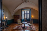 <center>Le château</center>Premier étage. Le salon vert créé et aménagé à la fin du XIXe siècle par l'ajout d'un mur séparant une ancienne grande salle commune qui regroupait les pièces. La marqueterie a été réalisée par l'artisan Henri Audouard en 1882-83. Le Dr Gaillard, restaura de nombreuses pièces dans un style néogothique.