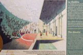 <center>Le site archéologique d'Alba</center>Le théâtre est construit sur un ancien lieu de rassemblement gaulois. L'aquarelle évoque son apparence : le mur de scène s'élève de l'autre côté du ruisseau. Les spectateurs les plus fortunés s'installent dans des fauteuils richement décorés autour de l'espace central appelé orchestra. Les plus modestes s'installent dans les gradins qui forment la cavea, dont une partie est encore visible aujourd'hui. À Alba les acteurs jouent sur une scène construite par-dessus le ruisseau ; seuls trois théâtres dans le monde romain présentent cette configuration.
Des milliers de personnes venaient assister aux tragédies, comédies ou pantomimes. Ces spectacles gratuits divertissaient les habitants et apportaient prestige et pouvoir à ceux qui les organisaient.