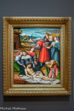 <center>Le musée Goya.</center>Vincente Macip et Koan de Joanes
(?, 1475 - ?, 1500) (Valence, 1510 -1579)
XVIe SIECLE (1er QUART) HUILE SUR BOIS
Vincente Macip et son fils « ici une œuvre de synthèse entre les influences italiennes, nordiques et gothiques. Les personnages occupent la quasi-totalité du tableau. Le corps du Christ, allongé sur un linceul blanc, est entouré de ses proches qui se recueillent dans une grande retenue. Debout en rouge, Joseph d’Arimathie a offert son tombeau pour l'inhumation du Christ.
Il porte une tunique aux plis amples qui lui confère un aspect sculptural. L’arrière-plan se divise en deux parties : à l’extrême droite, on aperçoit la scène de la Crucifixion. Au lointain, le paysage bleuté d'influence flamande décrit Jérusalem avec une grande précision.