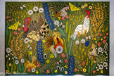 <center>Le musée Dom Robert et de la tapisserie du XXe siècle</center>Mille-fleurs sauvages
D’après DOM ROBERT (1907-1997).
Tapisserie de basse lisse, Exemplaire Hors commerce.
Laine et coton. Atelier La Beauze, Aubusson, 1999 Carton de 1961 203 x 290,5 cm. <br> Cette tapisserie développe le thème de la prairie fleurie peuplée d’animaux de basse-cour, initié avec L’Herbe haute. Le tapis de mille-fleurs qui, dans la tapisserie médiévale constituait le fond d’une scène animée de personnages et d’animaux, rivalise ici avec les volailles, sans aucun ’ rapport d’échelle réaliste. Dom Robert prolonge la tradition et la modernise, au point de faire du mille-fleurs le sujet principal de la tapisserie. « Sauvages » est bien le mot-clé : l’herbier le plus commun reste tout un univers à explorer.