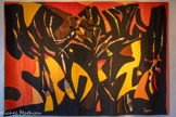 <center>Le musée Dom Robert et de la tapisserie du XXe siècle</center>Proserpine
D’après Mario PRASSINOS (1916-1985)
Tapisserie de basse lisse. Laine et coton.
Atelier Goubely, Aubusson, 1959 Carton de 1959 201 x 291,5 cm <br> Après une courte période passée à explorer l’abstraction de 1947 à 1949, Mario Prassinos reconsidère le sujet dans son œuvre et, parallèlement, crée ses premiers cartons de tapisseries au début des années 50. Proserpine se rattache aux grandes compositions de l’artiste sur le thème de la mythologie qu’il a utilisé pour des décors de théâtre. En effet, depuis son enfance, Mario Prassinos avait développé une passion pour le théâtre. Il a participé, par exemple, à la création des costumes de Tobie et Sara de Paul Claudel pour le 1er Festival d’Avignon. Proserpine est la déesse du printemps. Sur un fond traité en grands aplats orange et jaune, une forêt d’arbres noirs s’impose à la manière de personnages en ombre chinoise. Des lignes bleues très dynamiques apportent de la clarté et évoquent peut-être le renouveau de la nature. Il prolonge cette veine dans des formats plus modestes pour des tapisseries de commandes privées qu’il fait tisser chez Goubely. De façon générale, Mario Prassinos est connu pour avoir exploré les blancs et les noirs dans son œuvre peint et gravé. En tapisserie, au contraire, la couleur joue un grand rôle.