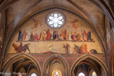 <center>L'église Notre Dame-du-Taur </center>Au-dessus du chœur de l’église. L’Apothéose et le Martyre de saint Saturnin, achevé en 1882 par Benezet. Au registre inférieur est figuré saint Saturnin à terre attaché à un taureau. Les saintes Puelles, jeunes filles qui auraient enseveli Saturnin après sa mort.
Au registre supérieur« saint Saturnin présente à Notre-Dame du Taur les saints de l’église de Toulouse, confesseurs et martyrs. A partir de la Vierge, àgauche : - Saint Honorât, évêque de Toulouse (IIIe siècle)
- Saint Hilaire, évêque de Toulouse (IVe siècle)
- Les évêques saint Sylve et saint Exupère, à l’origine de la construction de la basilique Saint- Sernin (IVe et Ve siècles). A droite : 
- L'évêque saint Louis de Toulouse (XIIIe siècle)
- Sainte Germaine de Pibrac (XVIe siècle)
- Saint Papoul, prêtre martyr disciple de saint Saturnin (IIIe siècle)
- Les saintes Puelles
- Saint Aventin, martyr originaire des Pyrénées (VIIIe siècle)
- Saint Gaudens, martyr de la région toulousaine (Ve siècle)
1S-Guillaume de Gellone, comte de Toulouse (VIIIe- début IXe siècle)
16 - Raymond W de Saint-Gilles, comte de Toulouse (XIe-début XIIe siècle) 17-Saint Antoine de Padoue
18 - Saint Dominique, fondateur de l’Ordre des Dominicains à Toulouse au XIIIe siècle.