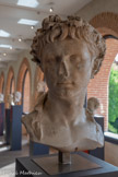 <center>Musée Saint-Raymond</center>Tête d'Auguste.
63 avant notre ère-14 de notre ère. Empereur de 27 avant notre ère à 14 Marbre lychnites (île de Paros).
Type « Prima Porta ».
Première moitié Se r siècle de notre ère.<br>
Petit-neveu de Jules César,  Octave est le véritable fondateur de l'Empire romain et de la dynastie des Julio-Claudiens. Le titre d'Auguste (qui sous- entend qu'il est « plus qu'humain ») lui fut décerné en 27 avant notre ère par le Sénat. Augustus devint rapidement son prénom et celui de tous ses successeurs. Le schéma des mèches frontales est identique au type dit de Prima Porta. La source d'inspiration de cette grande effigie de l'empereur était une sculpture grecque en bronze, le Doryphore (« Porte-lance »), exécutée vers 440 avant notre ère par Polyclète. L'art grec classique est en effet une référence constante dans l'art augustéen. L'idéal grec permet notamment de donner une image immuable de l'empereur, éternellement jeune, reflet de la stabilité de l'Empire.
