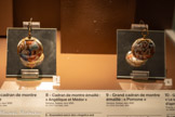 <center>Musée des arts précieux Paul-Dupuy</center>Montres bassines. 1. C. Bonnevye. Montre bassine émaillée : « Les amours de Thégène et Chariclée » d’après Charles Poerson.  France, vers 1640.
4. J. Jacques Jordan.  Montre bassine émaillée