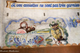 <center>Mémorial des Milles.</center>A gauche, devant le roi des poissons, des sardines sortent de leur boîte. Au-dessus d'elles flotte un bateau fait d'un énorme jambon décoré, dont le drapeau porte les couleurs de la ville d'Aix. A droite, deux enfants noirs mangent une tranche d'ananas devant un troisième enfant qui semble protester. Cette peinture rappelle les illustrations d'un livre pour la jeunesse.
Le roi des poissons ressemble aux dauphins qui ornent une célèbre fontaine d'Aix. Les sardines évoqueraient la proximité de la Méditerranée ; mais on peut y voir aussi une allusion ironique a l'égard des officiers français (galonnés de 