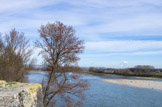 <center></center><center>Le confluent du Rhône et de l'Ardèche.</center> Le Rhône, avec à gauche, entre les arbres, l'Ardèche.