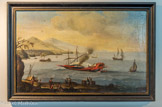 <center>Galère à la fonde en rade de Marseille.</center>École de Pierre Puget. Huile sur toile. L'expression « à la fonde » est utilisé pour désigner une galère qui est au mouillage dans le port, rames levées. Cette toile montre qu'une tente était alors montée au-dessus du pont, afin de protéger l'équipage.