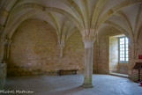 <center>Abbaye de Noirlac. </center> La salle capitulaire. Elle est le lieu de réunion quotidienne de la communauté. On y lit et commente la règle de saint Benoît qui organise la vie des moines. Le style architectural est emprunté à l'école bourguignonne. Ses six travées reposent sur des colonnes polygonales.