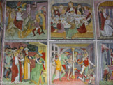 <center></center><center> Notre-Dame-des-Fontaines</center>Mur de droite, au registre supérieur : Entrée à Jérusalem, La Cène. Au registre inférieur : Jésus devant Caïphe, la Flagellation.