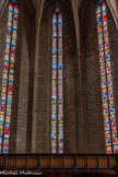 <center>Villefranche-de-Rouergue </center>La Collégiale Notre-Dame. Les trois verrières du chœur.
Les baies de 15 m. de haut étaient ornées de vitraux, grâce à un don fait par le roi Charles VII, en visite à Villefiranche en 1443, détruits en partie par un orage en 1695, les deux qui subsistent se trouvent à droite et à gauche de la verrière centrale.