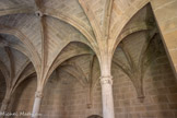 <center>La chartreuse Saint-Sauveur.</center>Le petit cloître. L'empiétement des contreforts méridionaux de l’église a nécessité sur cette face du cloître, la création d'une sorte de double galerie qui a permis la création d'une chapelle funéraire avec l’autel destiné à l'office des morts, lors de la sépulture de pères, avant l'inhumation en pleine terre dans le grand cloître. Sur cette travée, les ogives retombent sur quatre colonnes isolées, à décors de feuillages, plantées comme des fûts de chêne portant la voûte céleste.