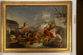 <center>Le Château d'Estaing</center>« Arrivée du Comte d’Estaing au Port de Brest ». Pierre LACOUR (1745-1814).
Huile sur toile 1782.
Allégorie expliquée par Gustave Labat (1824-1917) de la Société des Archives historiques de la Gironde et de l’Académie nationale des sciences, belles lettres et arts de Bordeaux :
Dans le port de Brest, dont on voit les casernes et les constructions de l’arsenal le comte d’Estaing, dans une embarcation, s’apprête à atterrir. Il vient de quitter le vaisseau Les-Etats-du-Languedoc. Sur le quai l’acclament sa femme et un brillant état-major.
La Victoire couronne d’Estaing ; la Calomnie, le Mensonge et l’Envie, qui poursuivent le héros sont renversés par l'image de Louis XVI que Minerve leur présente ; le voile cède à  ses efforts et la découvre encore plus belle aux yeux de la divinité, qui la rassure. Neptune, armé de son trident, ouvre les flots pour engloutir ces monstres