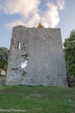 <center>Le Château d’Allègre.</center>La Tour Nord.
Cette tour présente une façade ne comportant qu'une fine archère, seule l'extension accolée à l'Est possède deux grandes ouvertures en plein cintre (l'encadrement de la plus basse a disparu depuis longtemps). Les trous d'encastrement présents autour de l'ouverture supérieure indiquent qu'elle donnait accès à un dispositif en bois en encorbellement, balcon ou bretèche. L'appareil de construction est soigné avec des joints tirés au fer, technique de la fin du XIIème siècle, mais la présence de quelques pierres à bossage évoquerait la deuxième moitié du XIIIème siècle.
Une tour similaire s'élevait à quelques mètres sur la droite, il n'en reste aujourd'hui que la moitié du rez de chaussée.