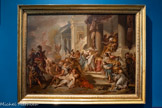 <center></center>Michel François Dandré-Bardon
Aix-en-Provence, 1700- Paris 1783
Antiochus Epiphane ordonne le massacre des Macchabées
Huile sur toile
Le sujet du tableau est emprunté, dans la Bible, au second livre des Macchabées. Le cruel roi de Syrie Antiochus ordonne de faire prendre sept frères Macchabées et leur mère et de les contraindre à manger, contre la loi juive, de la viande de pourceau. Comme ils refusent, il les fait tous supplicier. Ce thème où l'horreur se mêle à l'héroïsme fut choisi par Dandré-Bardon peu après son retour d'Italie en 1731. L'influence vénitienne est perceptible non seulement dans la conception sinueuse de l'œuvre mais encore dans les tonalités raffinées de roses et de bleus qui rappellent Tiepolo. La touche à la fois libre et sûre évoque une esquisse.
Inv. D.2023.4.1
Hist. : achat à Dominique Wilon du musée des Beaux-Arts de Dijon (inv. 5111) en 1979 ; en dépôt au musée de Draguignan