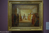 <center>Le général Bonaparte préside le divan du Caire</center>Bonaparte crée au Caire une administration française. Il instaure un divan, assemblée de notables égyptiens consultés sur les questions d’intendance et de ravitaillement de la ville. Il fonde également l’Institut d'Égypte et ses quatre sections (mathématiques, physique, économie, littérature et arts). Celui-ci comprend bibliothèque, observatoire, laboratoires, ateliers de mécanique, ménagerie, jardin botanique et musée archéologique. Ses membres savants sont chargés d’étudier le pays et de servir le gouvernement.
Après 1798, huile sur toile.