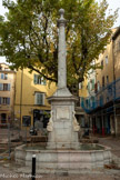 <center>Lorgues</center>Fontaine de la Noix, place des ormes. Fontaine construite en 1771 par l'architecte Jean-Antoine Torcat sur commande du conseil de la communauté. Les armoiries de la ville : un lion d'or et un chien d'argent affrontés, supportant de leurs pattes de devant une fleur de lis d'or. La devise : Force et Fidélité, vertus symbolisées par les deux animaux : le lion et le chien. La colonne, en marbre, est surmontée d’une boule “la noix” à laquelle s’attacherait le surnom collectif des habitants de Lorgues. Les plaques à inscription latine se font l’écho de l’histoire de la cité, notamment l’inscription du levant affirmant les privilèges de la ville franche.