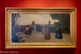 <center>Rome, terrasse de la Villa Médicis</center>1860
Huile sur toile
Le tableau réunit des groupes de personnages « typiques », sans doute observés sur le vif et aisément reconnaissables à leurs costumes, devant un panorama classique dans lequel on reconnaît la silhouette de Saint-Pierre-de-Rome. Après avoir peint le jardin, l’artiste y rassemble fictivement les personnages, dans un travail de composition digne de celui d’un tableau d’histoire.
Donation Marie Henner
