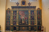 <center>Cathédrale Notre-Dame de la Nativité</center>Dans les compartiments du retable, seize médaillons, huit de chaque côté, avec des représentations de saints. 4e quart 16e siècle. De gauche à droite et de bas en haut : st Pierre, ste Anne, st Laurent, ste Luce ; st Clair, ?, ?, ? ; st Etienne, ste Marguerite, st Paul, ? ; ste Catherine, ?, ste Claire, ste Apolonie. En chef, le Christ Sauveur tenant dans sa main gauche la sphère crucifère et bénissant avec la droite.